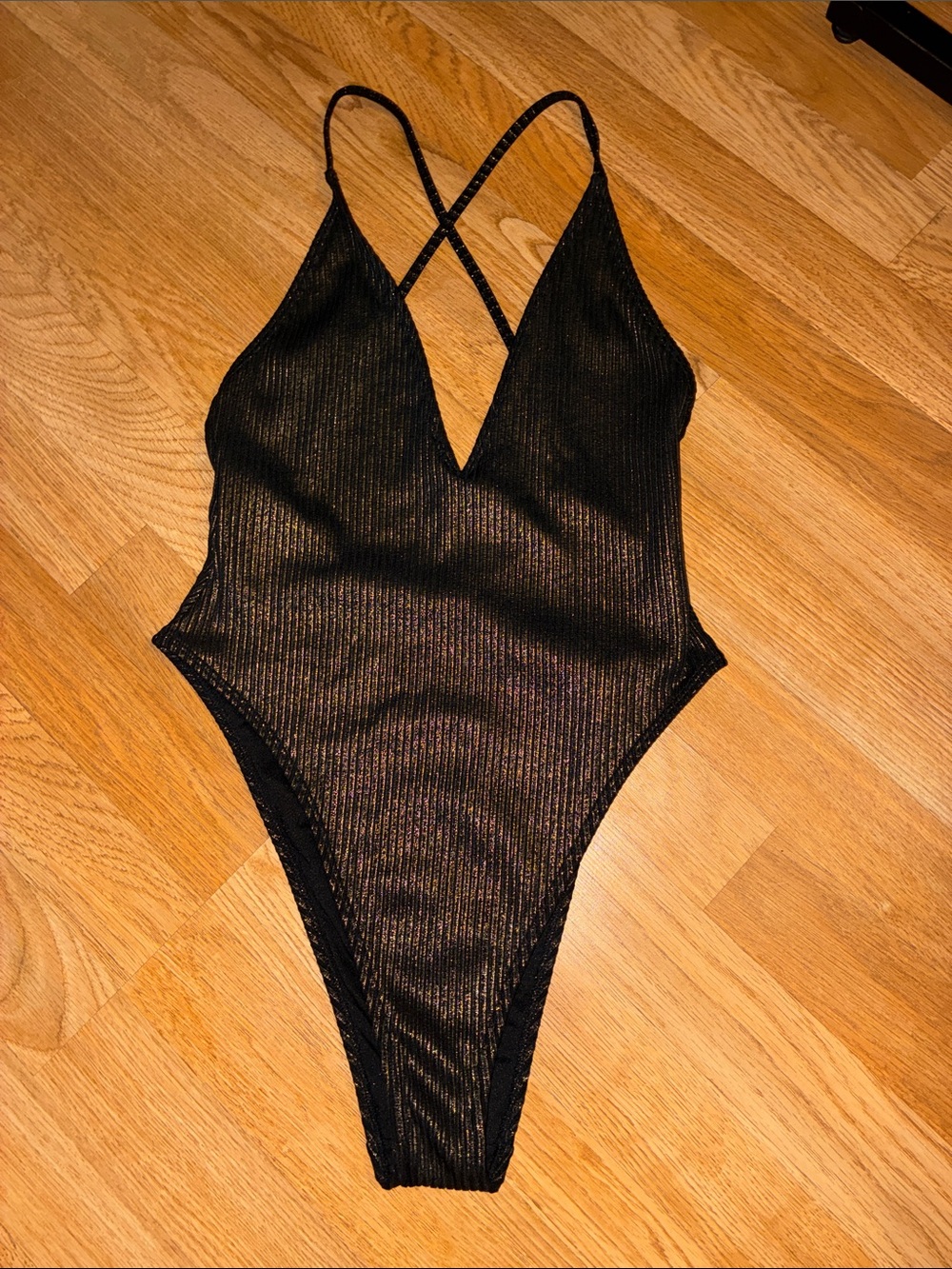 Ribbed Plunge V-Neck Black Bandeau Bodysuit or Swimsuit with Crisscross Straps